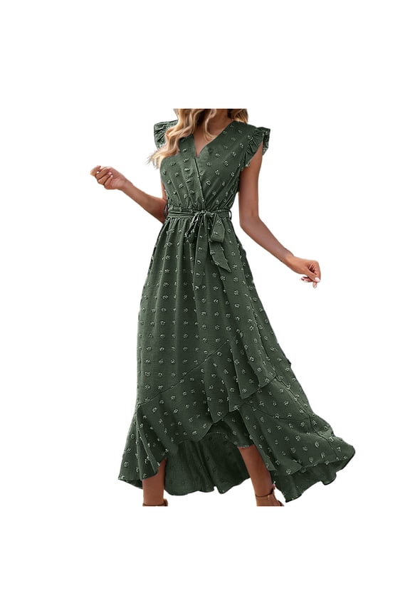 Solid Color Women Summer Wrap V-Neck Ruffle Sleeve Dot Boho Ruffle Slit Flowy Dresses Breathable Hawaiian Flowy Sundress