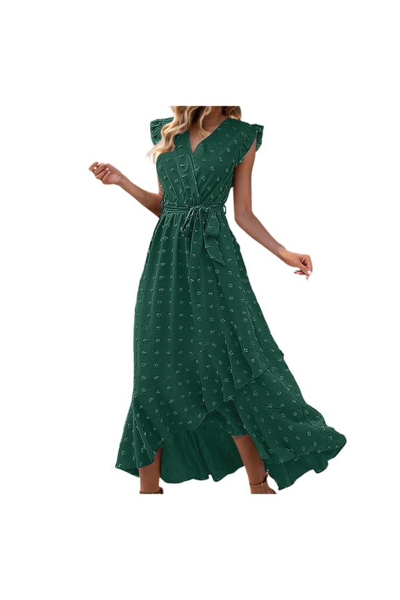 Solid Color Women Summer Wrap V-Neck Ruffle Sleeve Dot Boho Ruffle Slit Flowy Dresses Trendy Sundress Wedding Guest Dress