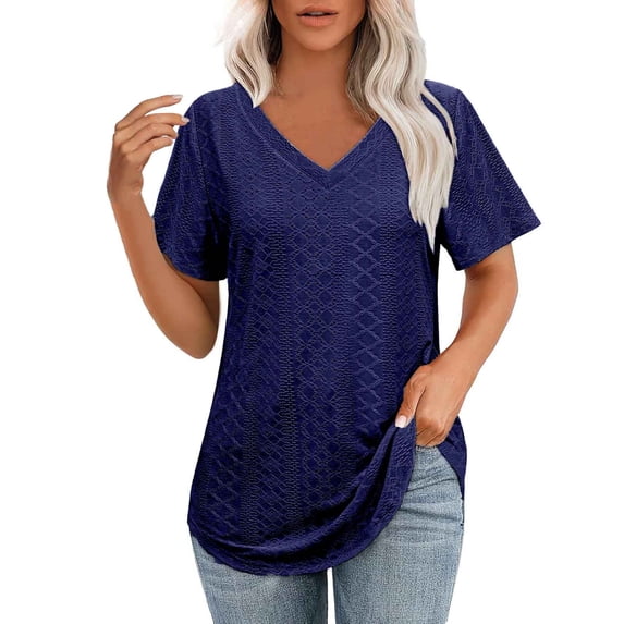 OSOLU Solid Color Women T-Shirt Tee Tops V-Neck Short Sleeve Casual Tops Loose Fit Basic Tees With Curved Hem Trendy Dailywear