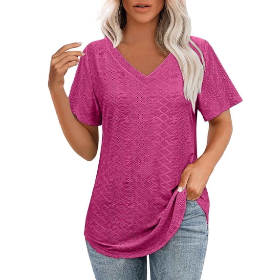 OSOLU Solid Color Women T-Shirt Tee Tops V-Neck Short Sleeve Casual Tops Loose Fit Basic Tees With Curved Hem Versatile Dailywear