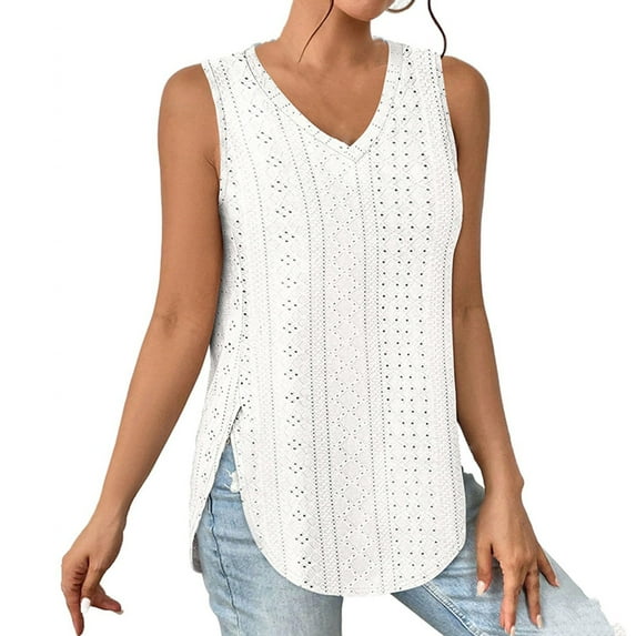 OSOLU Solid Color Women Tank Tops V-Neck Eyelet Embroidery Casaul Sleeveless Shirts Comfort Dailywear