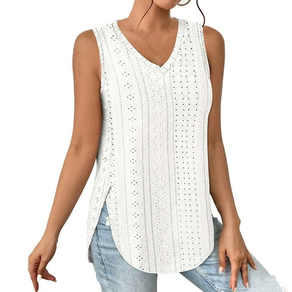 OSOLU Solid Color Women Tank Tops V-Neck Eyelet Embroidery Casaul Sleeveless Shirts Cute Dailywear