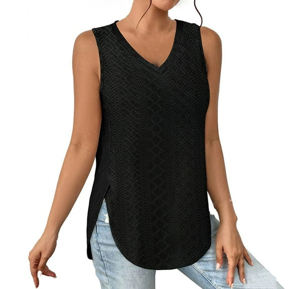 OSOLU Solid Color Women Tank Tops V-Neck Eyelet Embroidery Casaul Sleeveless Shirts Versatile Dailywear