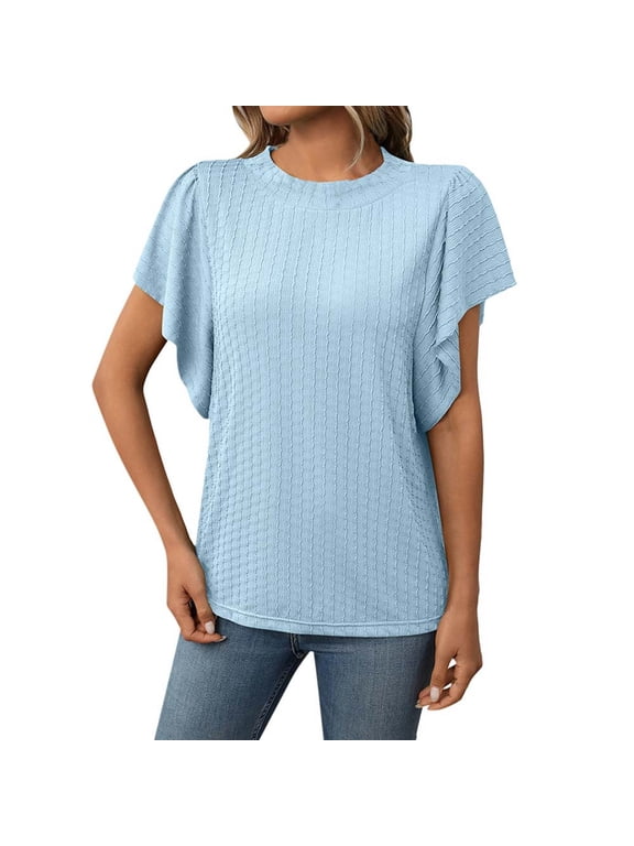Solid Color Women Textured O-Neck Flutter Sleeve T-Shirt Tshirts Tee For Casual Wear Stylish Dailywear