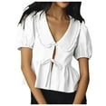thumbnail image 1 of OSOLU Solid Color Women Tie Front Tops Puff Short Sleeve Shirts Tops Blouse Classic Dailywear, 1 of 5