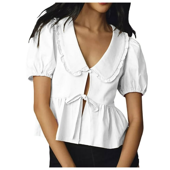 OSOLU Solid Color Women Tie Front Tops Puff Short Sleeve Shirts Tops Blouse Classic Dailywear