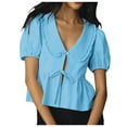 thumbnail image 1 of OSOLU Solid Color Women Tie Front Tops Puff Short Sleeve Shirts Tops Blouse Holiday Dailywear, 1 of 7