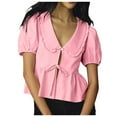 thumbnail image 1 of OSOLU Solid Color Women Tie Front Tops Puff Short Sleeve Shirts Tops Blouse Leisure Women Tops Dressy Casual, 1 of 7