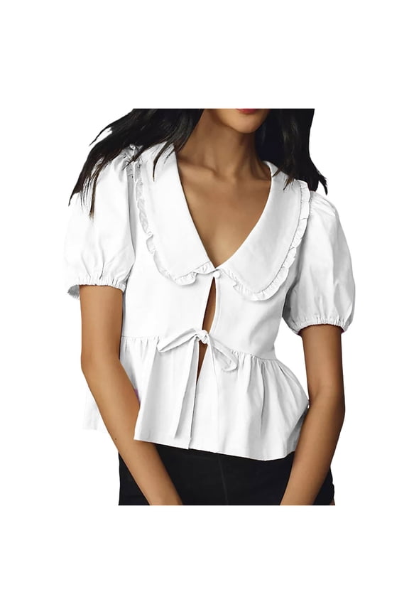 Solid Color Women Tie Front Tops Puff Short Sleeve Shirts Tops Blouse Stylish Dailywear