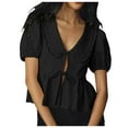thumbnail image 1 of OSOLU Solid Color Women Tie Front Tops Puff Short Sleeve Shirts Tops Blouse Versatile Dailywear, 1 of 7