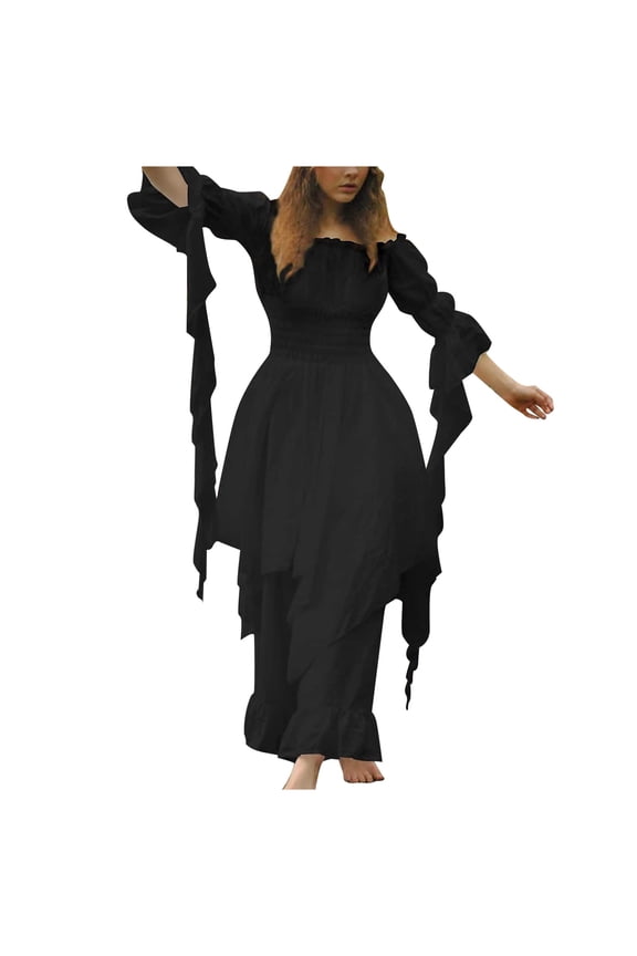Solid Color Women Trumpet Sleeve Irish Shirt Dress With Corset Traditional Dress Gothic Retro Long Sleeve Corset Dress Leisure Sundress Wedding Guest Dresses For Women