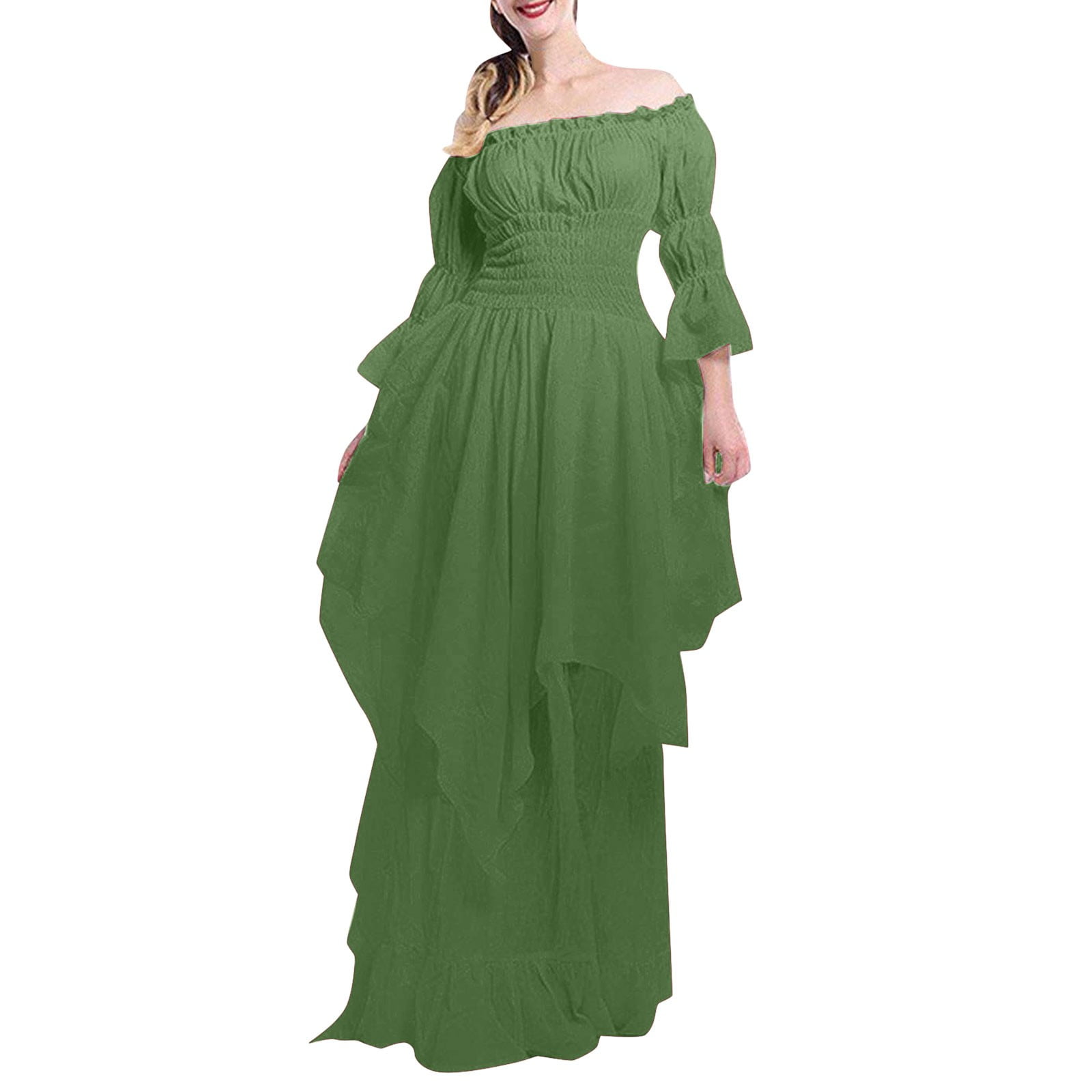 OSOLU Solid Color Women Trumpet Sleeve Irish Shirt Dress With Corset ...