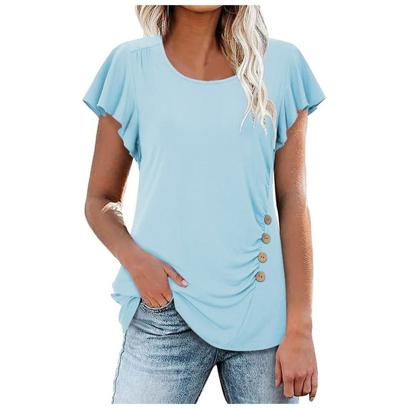 OSOLU Solid Color Women Tunic Ruffle Short Sleeve Shirt Summer O-Neck Tops Breathable Dailywear