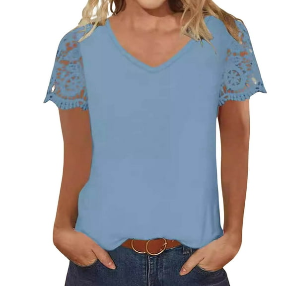 OSOLU Solid Color Women V-Neck Lace Trim T-Shirt Short Sleeve Tshirts Tee Blouse Casual Tops For Summer Fall Fashion Cozy Dailywear