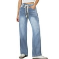thumbnail image 1 of OSOLU Solid Color Women Wide Leg Jeans High Waisted Stretchy Straight Leg Baggy Drawstring Zimbaplatinum Denim Pants Trousers Daily Relaxed Fit Breathable Bottoms, 1 of 5