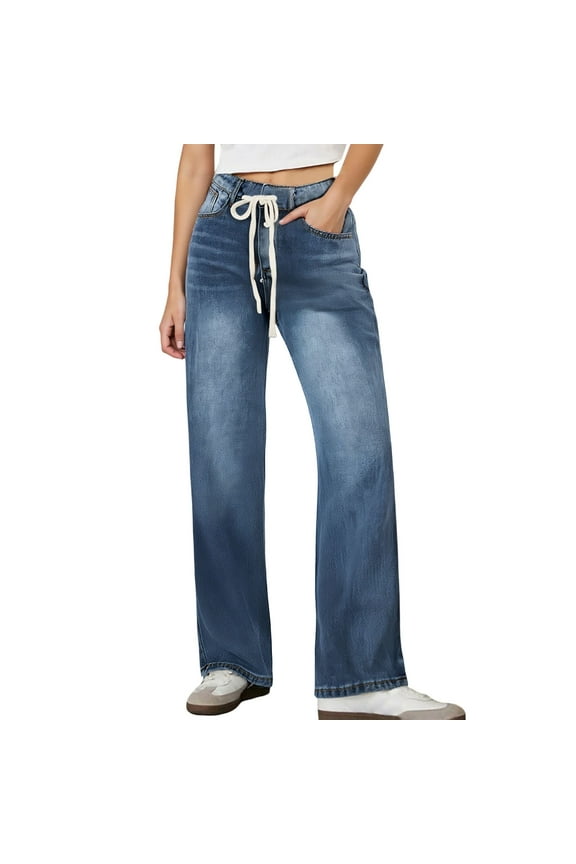 Solid Color Women Wide Leg Jeans High Waisted Stretchy Straight Leg Baggy Drawstring Zimbaplatinum Denim Pants Trousers Fashionable Classic Leisure Bottoms