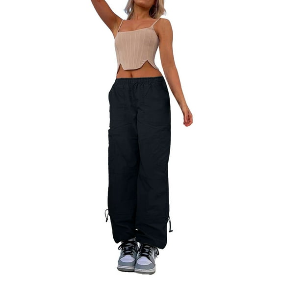 OSOLU Solid Color Womens Casual Loose Straps Multiple Pockets Straight Tube Elastic Cargo Pants Trousers Fashionable Classic Leisure Bottoms
