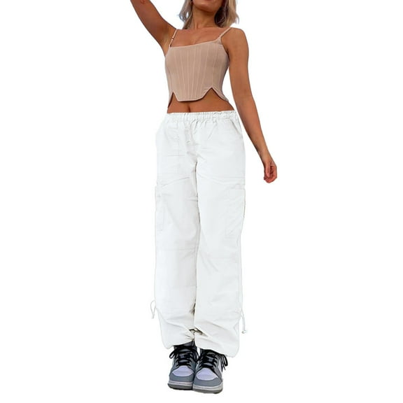 OSOLU Solid Color Womens Casual Loose Straps Multiple Pockets Straight Tube Elastic Cargo Pants Trousers Fashionable Classic Leisure Bottoms