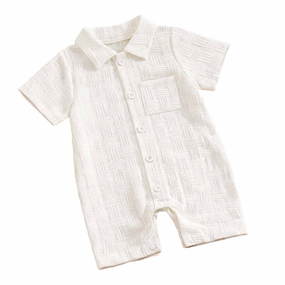 OSOLU Summer Baby Rompers For Boys Infant Short Sleeve Button Down Collared Solid Color Textured One Piece Shorts Jumpsuit 0-18M Stylish Onesie