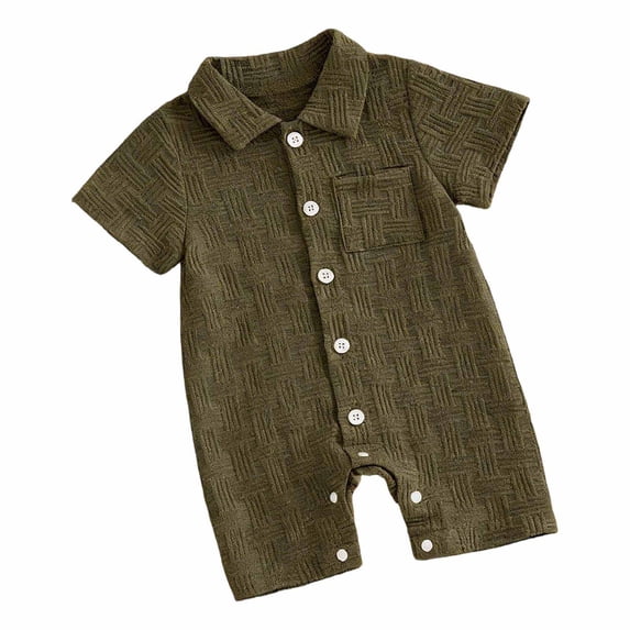 OSOLU Summer Baby Rompers For Boys Infant Short Sleeve Button Down Collared Solid Color Textured One Piece Shorts Jumpsuit 0-18M Trendy Onesie