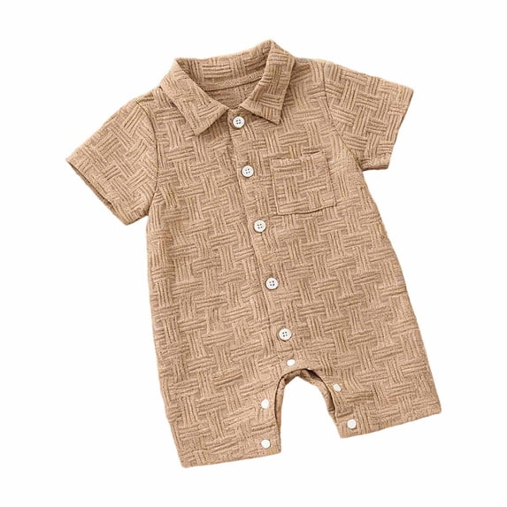 OSOLU Summer Baby Rompers For Boys Infant Short Sleeve Button Down Collared Solid Color Textured One Piece Shorts Jumpsuit 0-18M Trendy Onesie