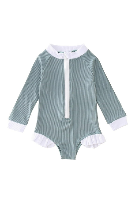 Summer Toddler Girls Long Sleeve Solid Color Ruffles 1 Piece Swimwear Beach Onesie Swimsuit Bikini Baby Soft Beachwear, 12-18 Months