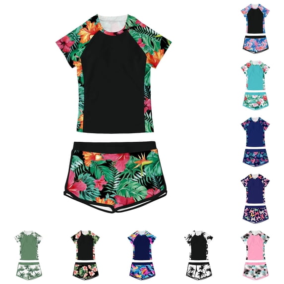 OSOLU Tankini Swimsuits For Girls Kids 2 Piece Swimwear Set Reglan Short Sleeve Tropical Printed Bathing Suit With Shorts Bottom 7-14Y Soft Beachwear