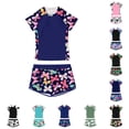 thumbnail image 1 of OSOLU Tankini Swimsuits For Girls Kids 2 Piece Swimwear Set Reglan Short Sleeve Tropical Printed Bathing Suit With Shorts Bottom 7-14Y Soft Beachwear, 1 of 5