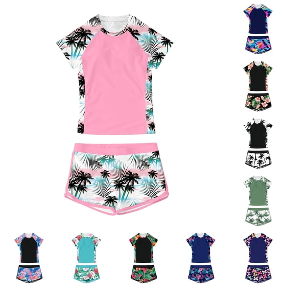 OSOLU Tankini Swimsuits For Girls Kids 2 Piece Swimwear Set Reglan Short Sleeve Tropical Printed Bathing Suit With Shorts Bottom 7-14Y Stylish Beachwear