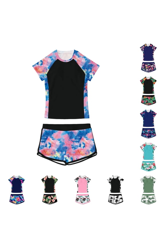 Tankini Swimsuits For Girls Kids 2 Piece Swimwear Set Reglan Short Sleeve Tropical Printed Bathing Suit With Shorts Bottom 7-14Y Stylish Beachwear