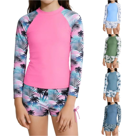 OSOLU Tankini Swimsuits For Girls Two Piece Long Sleeve Rash Guard Swimwear Hawaii Tropical Printed Top And Shorts Bottom Set For Kids 6-14Y Soft Beachwear