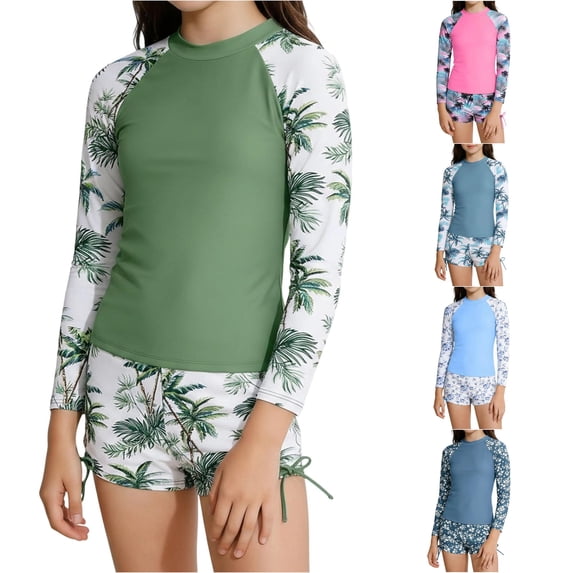 OSOLU Tankini Swimsuits For Girls Two Piece Long Sleeve Rash Guard Swimwear Hawaii Tropical Printed Top And Shorts Bottom Set For Kids 6-14Y Versatile Beachwear