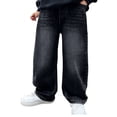 thumbnail image 1 of OSOLU Boys Denim Pants Wide Leg Loose Fit Casual Comfortable Stretch Jeans with Adjustable Waistband Classic Trendy Trousers, 1 of 7