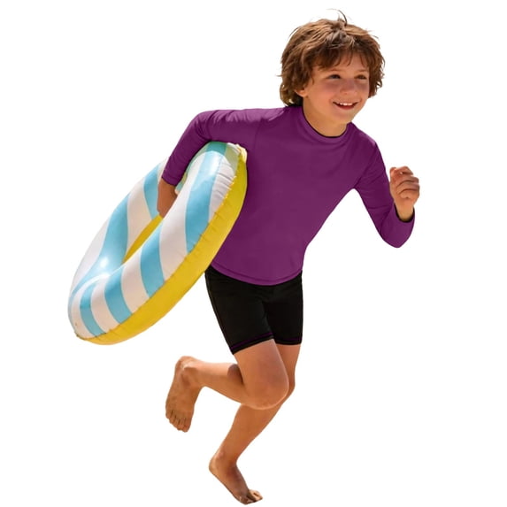 OSOLU Boys Swim Shirt Solid Color Long Sleeve Crew Neck Rash Guard Pool Summer Uv Protection Swimwear Versatile Travel Bathing Suit