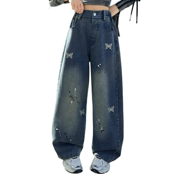 OSOLU Girls Denim Pants Stretch Straight Wide Leg Loose Fit Casual Comfortable Elastic Waist Soft Breathable Everyday Wear Leisure Stylish Trousers