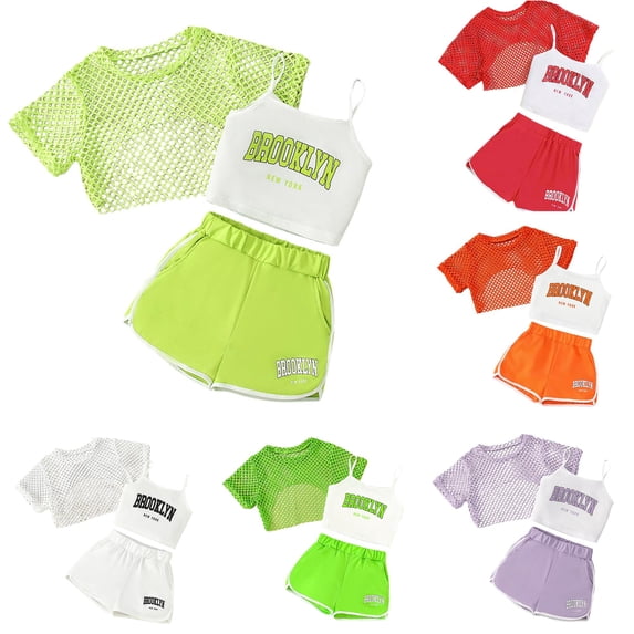OSOLU Girls Outfits Summer 3 Piece Casual Loose Fit Sleeveless Vest Tops and Shorts Outdoor Activities Comfortable Breathable Classic Holiday Clothing Sets