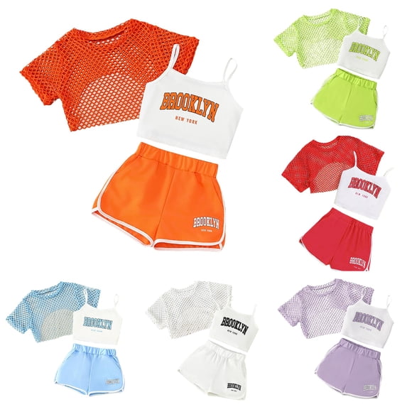 OSOLU Girls Outfits Summer 3 Piece Casual Loose Fit Sleeveless Vest Tops and Shorts Outdoor Activities Comfortable Breathable Classic Holiday Clothing Sets