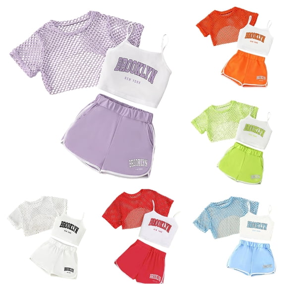 OSOLU Girls Outfits Summer 3 Piece Casual Loose Fit Sleeveless Vest Tops and Shorts Outdoor Activities Comfortable Breathable Relaxed Holiday Clothing Sets