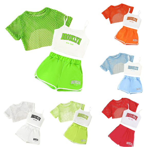 OSOLU Girls Outfits Summer 3 Piece Casual Loose Fit Sleeveless Vest Tops and Shorts Outdoor Activities Comfortable Breathable Travel Classic Clothing Sets