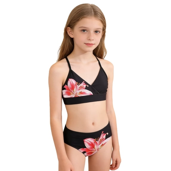OSOLU Girls Swimsuit Sets Floral Print Bikini Swimwear with Adjustable Ties Comfortable Surfing Bathing Suit
