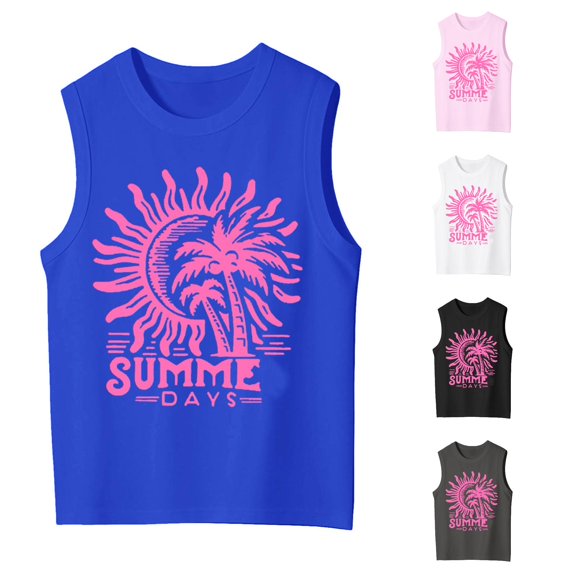OSOLU Girls Tank Tops Crew Neck Lightweight Sleeveless Tees Gradient Letter Print Outdoor Playwear Trendy Travel Tops