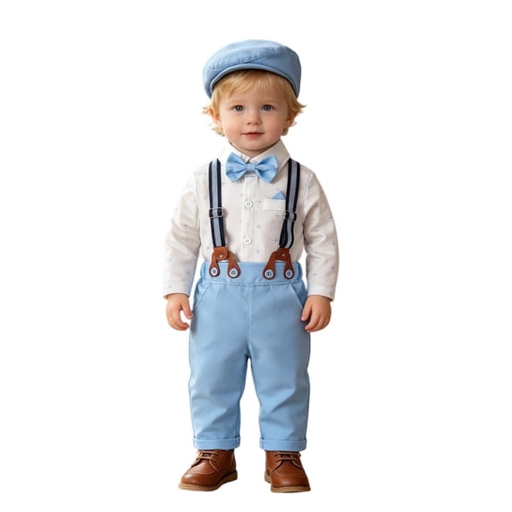 OSOLU Toddler Baby Boys Clothes Suits Gentleman Long Sleeve Dress Shirts And Suspenders Pants With Hat 3 Piece Set 3-24M Comfy Outfit