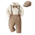 thumbnail image 1 of OSOLU Toddler Baby Boys Clothes Suits Gentleman Long Sleeve Dress Shirts And Suspenders Pants With Hat 3 Piece Set 3-24M Soft Outfit, 1 of 9
