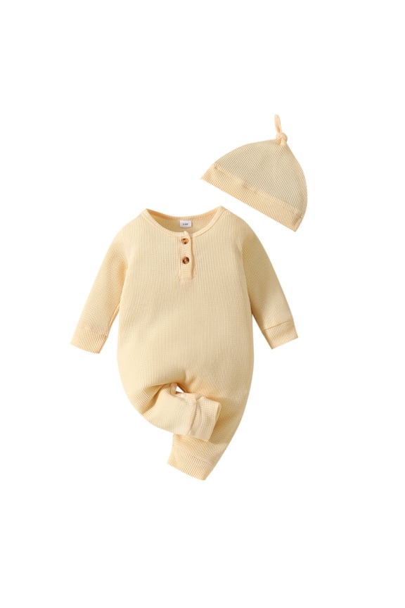 Toddler Boys Girls Long Sleeve Solid Color Pullover Romper Jumpsuit Onesie One-Pieces Hat Set Stylish Dailywear, 3-6 Months
