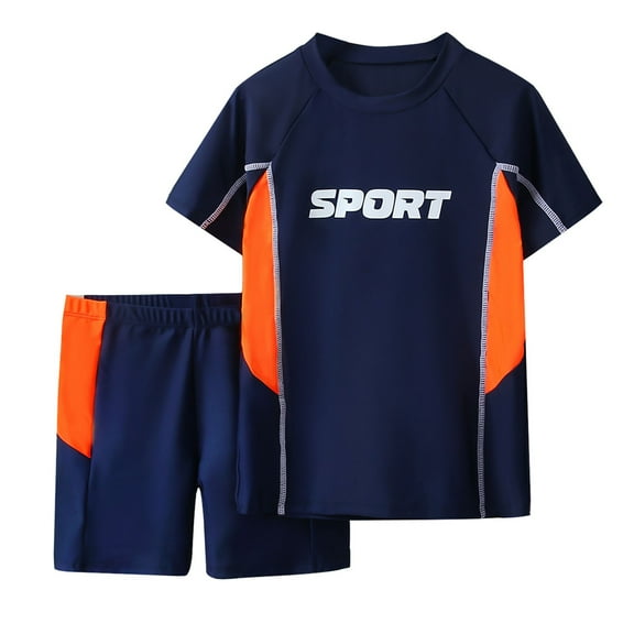 OSOLU Toddler Boys Sporty Two Piece Swim Set | Short Sleeve Rash Guard & Swim Trunks With Letter Print Newborn Trendy Beachwear, 7-8 Years