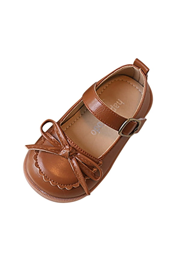 Toddler Fashion Four Seasons Children Casual Shoes Girls Leather Shoes Flat Bottom Round Toe Solid Color Bow Hook Loop Birthday Footwear, 4.5-5 Years