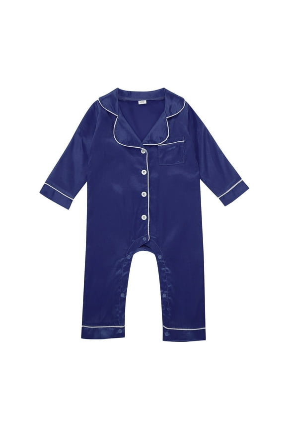 Toddler Girl Boy Silk Pajamas Rompers Button Down Blouse Long Sleeve Satin Pj's Jumpsuit Onesie Baby Classic Nightwear, 12-18 Months