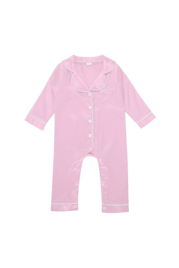 Toddler Girl Boy Silk Pajamas Rompers Button Down Blouse Long Sleeve Satin Pj's Jumpsuit Onesie Baby Leisure Nightwear, 12-18 Months
