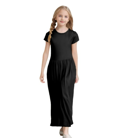 OSOLU Toddler Girl's Short Sleeve Solid Color Loose Casual Long Maxi Dress With Pockets Newborn Stylish Dailywear, 5-6 Years