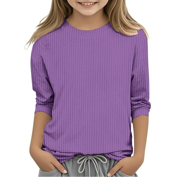 OSOLU Toddler Girls Casual Lightweight Knit Shirt Crew Neck 3/4 Sleeve Shirt Tops Comfy Loose Solid Color Girls Pullover 5 13 Years Baby Classic Dailywear, 7-8 Years